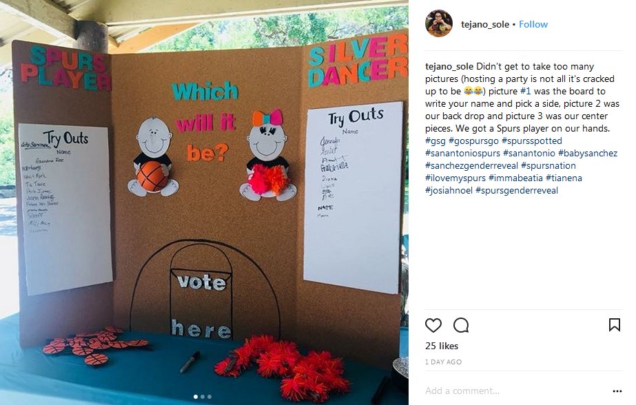 MaddySkye's tweet photo. Found this on Instagram & wanted to share it with yall, it's the cutest, most-San Antonio gender reveal I've ever seen! Everyone else is playing for 2nd. (the baby is a boy, so no crushed Spurs Silver Dancer dreams 😢) #GoSpursGo #ParentingLevel100 https://t.co/725Ex6Zs4b