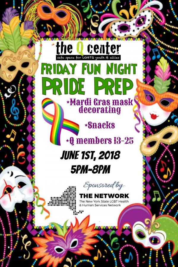 NYSLGBTNetwork's tweet photo. Kick off #Pride2018 at the Q Center with Friday Fun Night on 6/1/18. Join us from 5-8pm to decorate a mask for this year's Mardi Gras themed CNY Pride Parade! Q Center members and friends 13-25 are welcome! #LGBTQyouth #PrEPforPride #LGBTQyouthCNY https://t.co/3edp4XIQEN