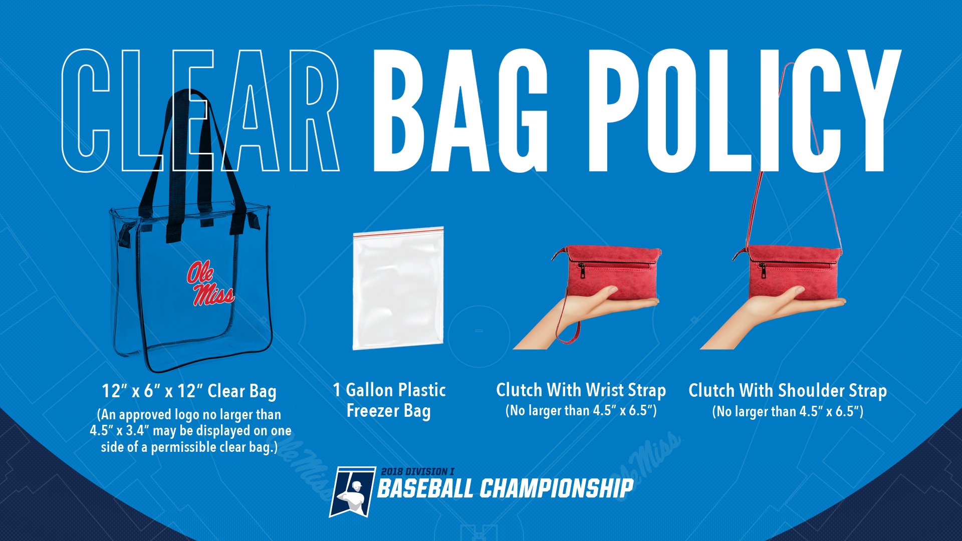 Ole Miss Baseball on X: Our clear bag policy will be in effect this  weekend. Need a refresher? Bags you can bring👇 🔹Bags that are clear &  do not exceed 12 x