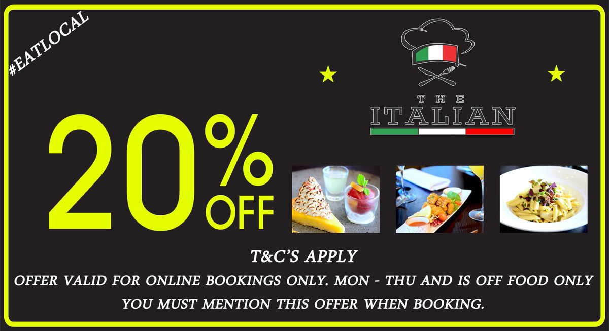 WassonGuide's tweet photo. We have a new offer for you!!! Please like our page &amp; share this post for more offers &amp; competitions coming soon.

A HUGE 20% off your food bill at @TheItalian_C &amp; @ItalianTruro when you book your table online. Monday - Thursday &amp; you must mention the offer when booking.

#wasson https://t.co/fe9JxEqp5p