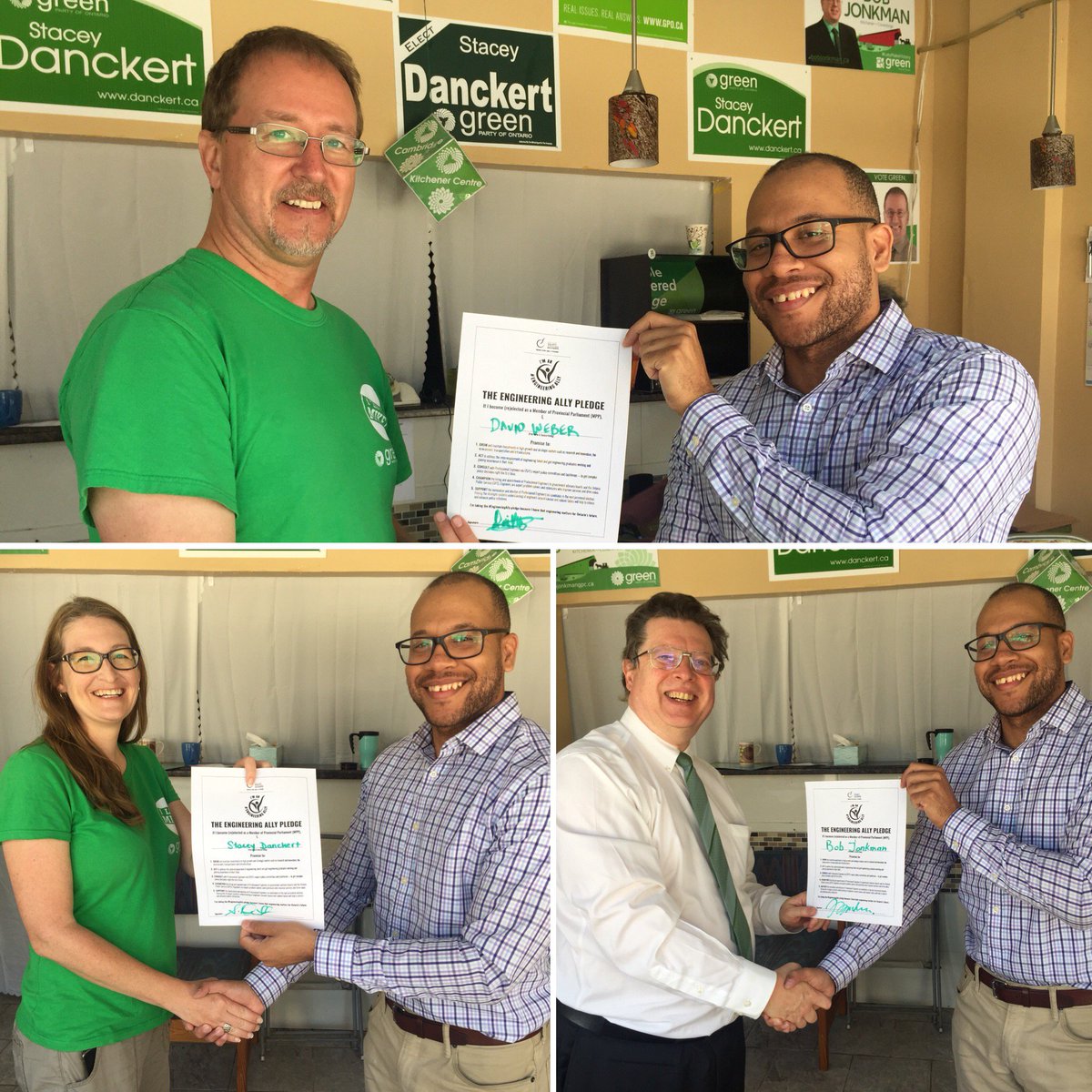 O_S_P_E's tweet photo. Thank you to @OntarioGreens candidates @MicheleBraniff @zdravko_g @BobJonkmanGPC @StaceyDanckert and @davidwebergreen for meeting with OSPE member @jeromepjames to sign our #EngineeringAlly pledge #onpoli #ONelxn https://t.co/wbKfwPrrGU