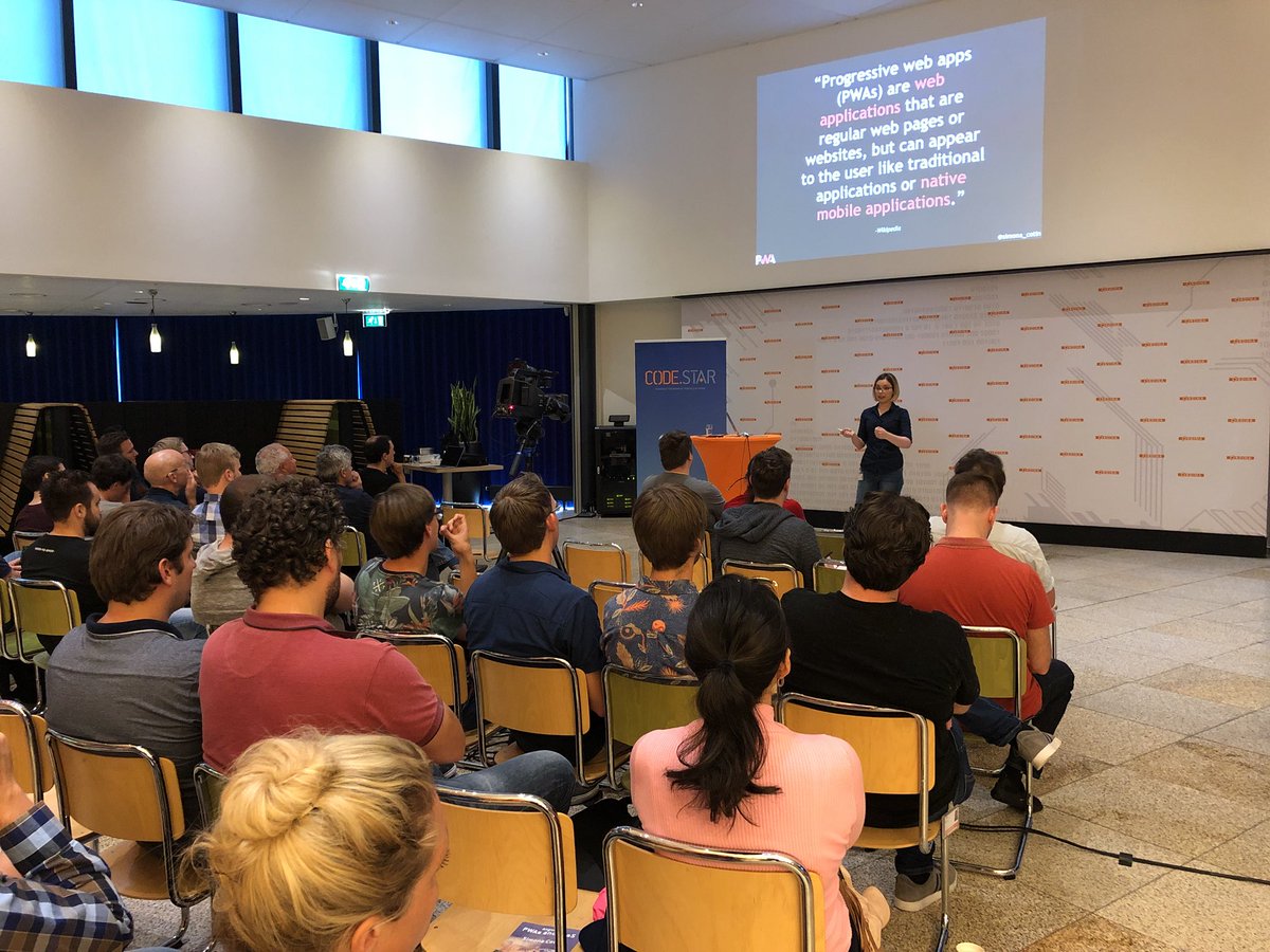 burkeholland's tweet photo. It’s @simona_cotin spreading the PWA ❤️ here at #codestarnight
“(PWA’s are) just websites that took all the right vitamins” - @slightlylate https://t.co/b16kAe7eVM
