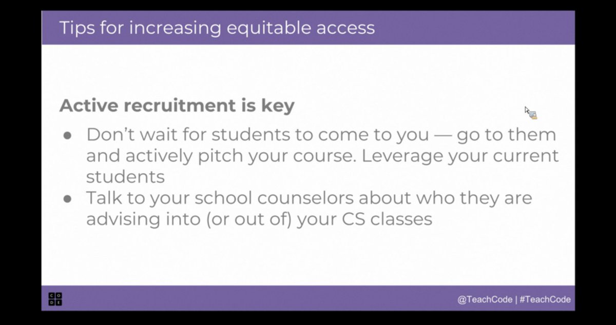 Couragion's tweet photo. @teachcode &amp; @iste – thanks for great webinar: 5 Tips For Supercharging Your CS Teaching Practice. Our favorite takeaway.. ideas for recruiting diverse students into CS classes.  #csfor all https://t.co/AehPZabGSS https://t.co/WJxFWbG7vC
