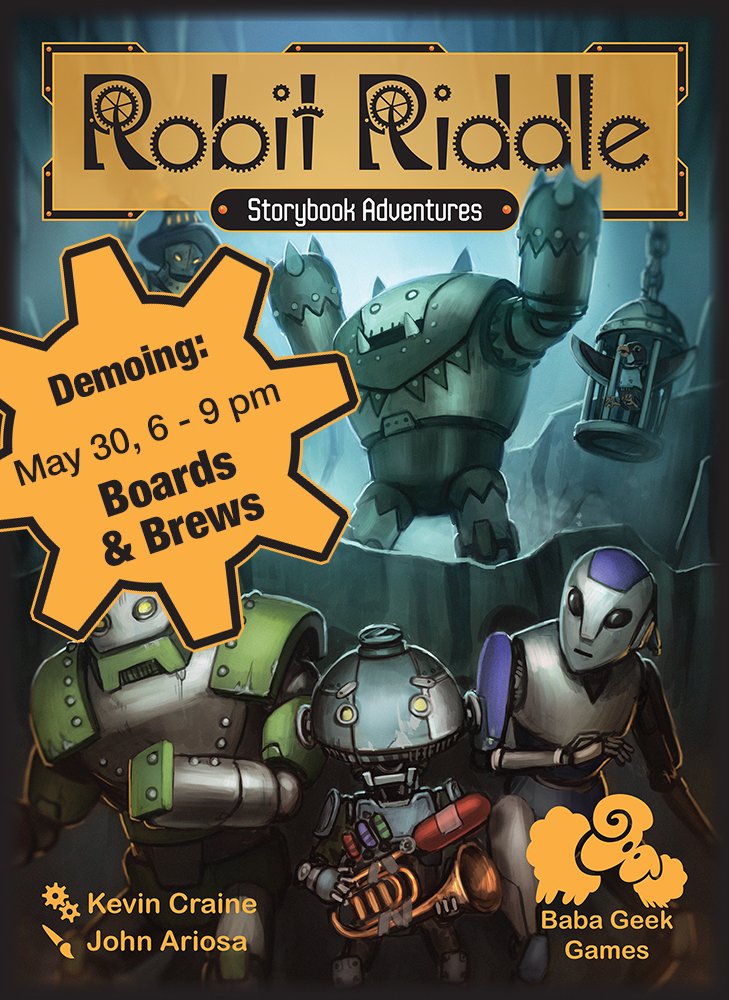 baba_geek's tweet photo. Heading to @BoardsBrewsNH tonight to show off #RobitRiddle coming from @atlasgames. Tonight marks the first Local Designer Night at the new board game cafe! I will be there with fellow designers @Gameof49, @almostagame, and @Razlo. https://t.co/jP89wVUB6u