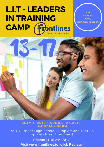 im_cti's tweet photo. Frontlines is offering a camp for youths between the ages of 13-17. In L.I.T. camp, youths get to explore different themes each week as well as complete the volunteer hours for school. All registration is available on Frontlines website https://t.co/4iNmy9B2mX and click register. https://t.co/ylMIArRrDr