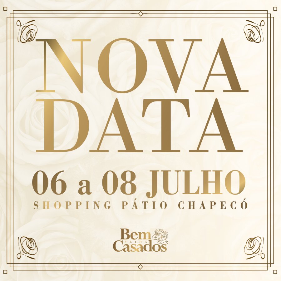 cdlchapeco's tweet photo. Feira Bem Casados 2018 será em julho 

A Comissão Organizadora da Bem Casados 2018 comunicou por meio de nota, que a feira será adiada para os dias 06, 07 e 08 de julho de 2018, em decorrência dos problemas de logística para a montagem da estrutura do evento. https://t.co/2F74b33X3V