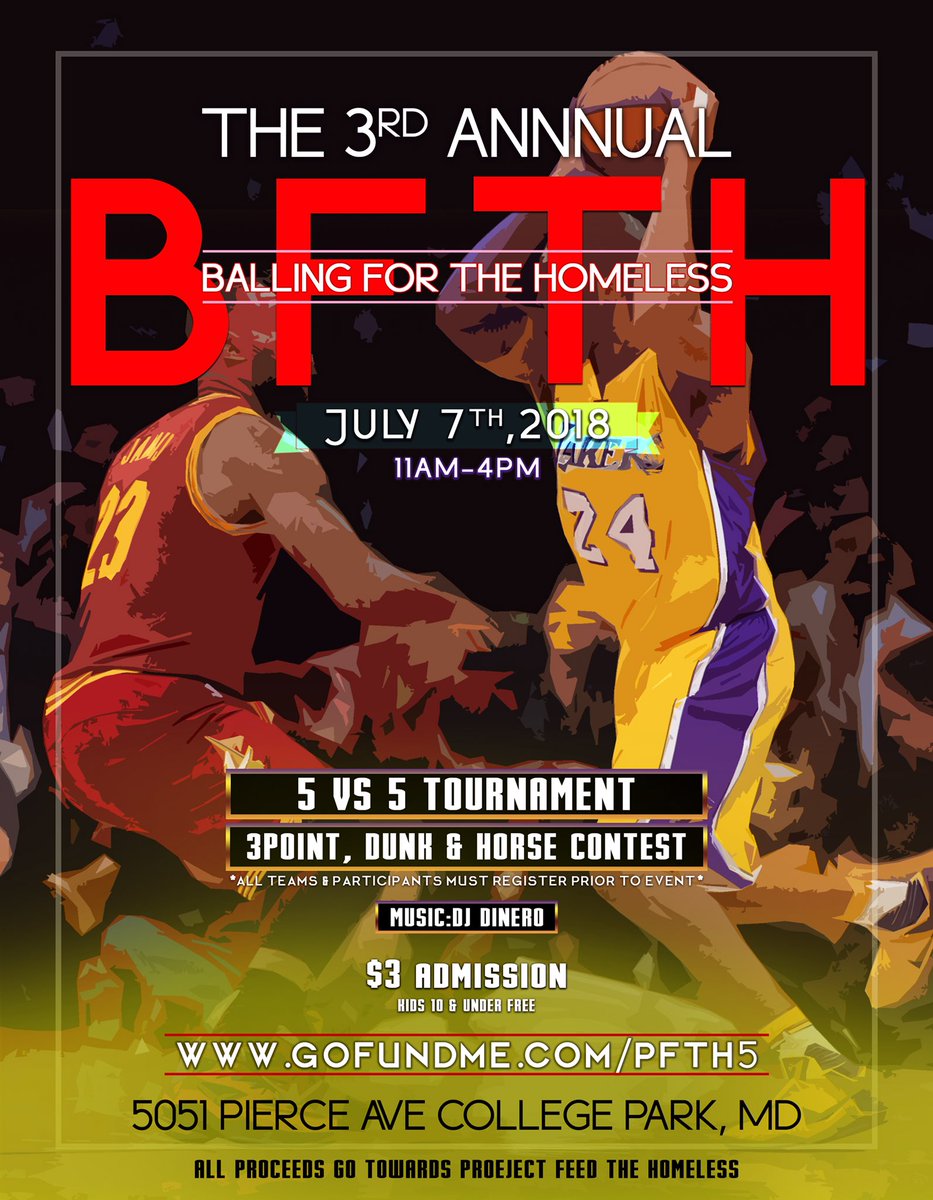 DMVLIT's tweet photo. Now accepting teams and contestants for 3rd Annual Balling For The Homeless. 

Registration Link:
https://t.co/4v1aVcVXZ5

#BFTH #PFTH #BFTH3 #PFTH5 #ProjectFeedTheHomeless #BallingForTheHomeless https://t.co/D1K580vDTb