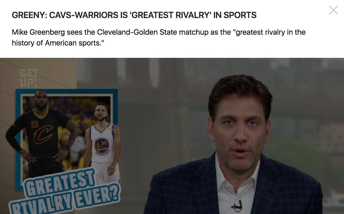 ClayTravis's tweet photo. Alabama-Auburn, Ohio State-Michigan, Army-Navy, Yankees-Red Sox all pale in comparison to Cavs-Warriors, which WokeCenter AM believes is the greatest rivalry in the history of American sports. Really. https://t.co/JUzmyfIqmW