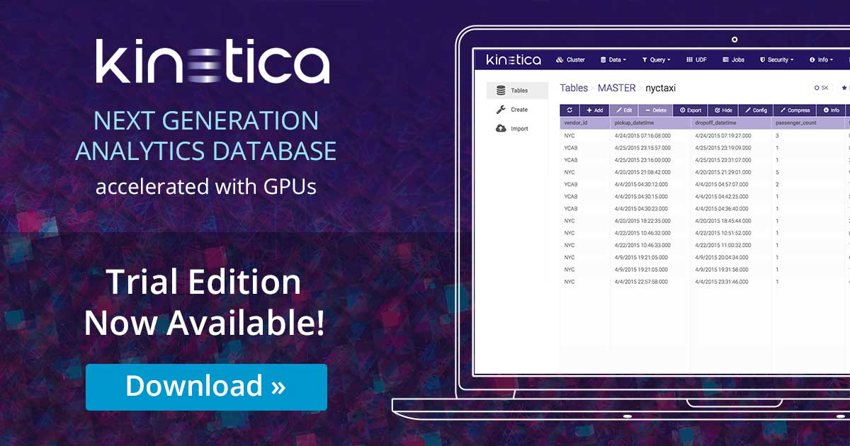 MarkkJohns415's tweet image. Don&apos;t just take our word for it. Try Kinetica for free for 90 days and experience the incredible speed and power of our #GPUdatabase. It&apos;s the data #analytics solution for the modern agile business okt.to/xbiONd #BigData #ExtremeData #NVIDIA #Geospatial #MachineLearning