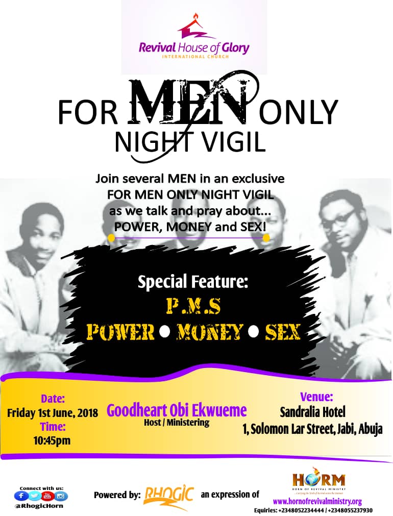 RHOGIC's tweet photo. Beloved,
Don't miss our #Men only #RevivalWatch Night vigil taking place on Friday, the 1st of June.
Time: 11PM
Save the date and do invite your friends and family.
#WordAndWorship
#RHOGIC https://t.co/iZa72BhC7T
