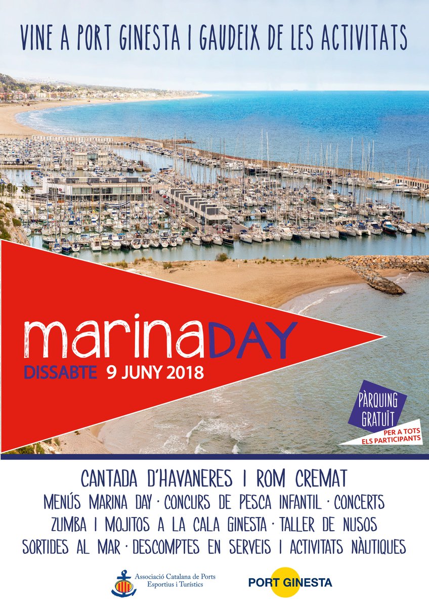 Port Ginesta és un dels 29 ports esportius que participen al Marina Day <a href="/MarinaDayCat/">MarinaDayCat</a> del proper dissabte 9 de juny, amb cantades d'havaneres, concurs de pesca infantil, sortides en vaixell, tallers de nusos i molt més #Catalunya #Barcelona #Castelldefels acpet.es/marinaday/ca