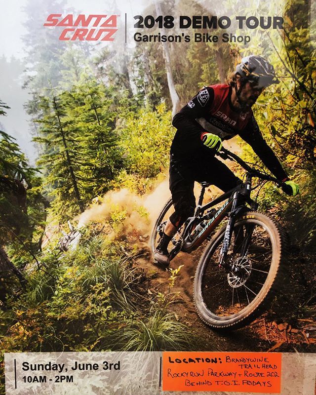 GarrisonCyclery's tweet photo. This Sunday‼️Come and ride some of the hottest 🔥 bikes out there👊🏼 @santacruzbicycles #dirtdemo right in the #BrandywineValley #garrisonscyclery #bikelove #santacruzbicycles #nomad #hightower #hightowerLT #tallboy #blur #xc #allmountain #trail #mtb #29er https://t.co/0qUGXgREbz