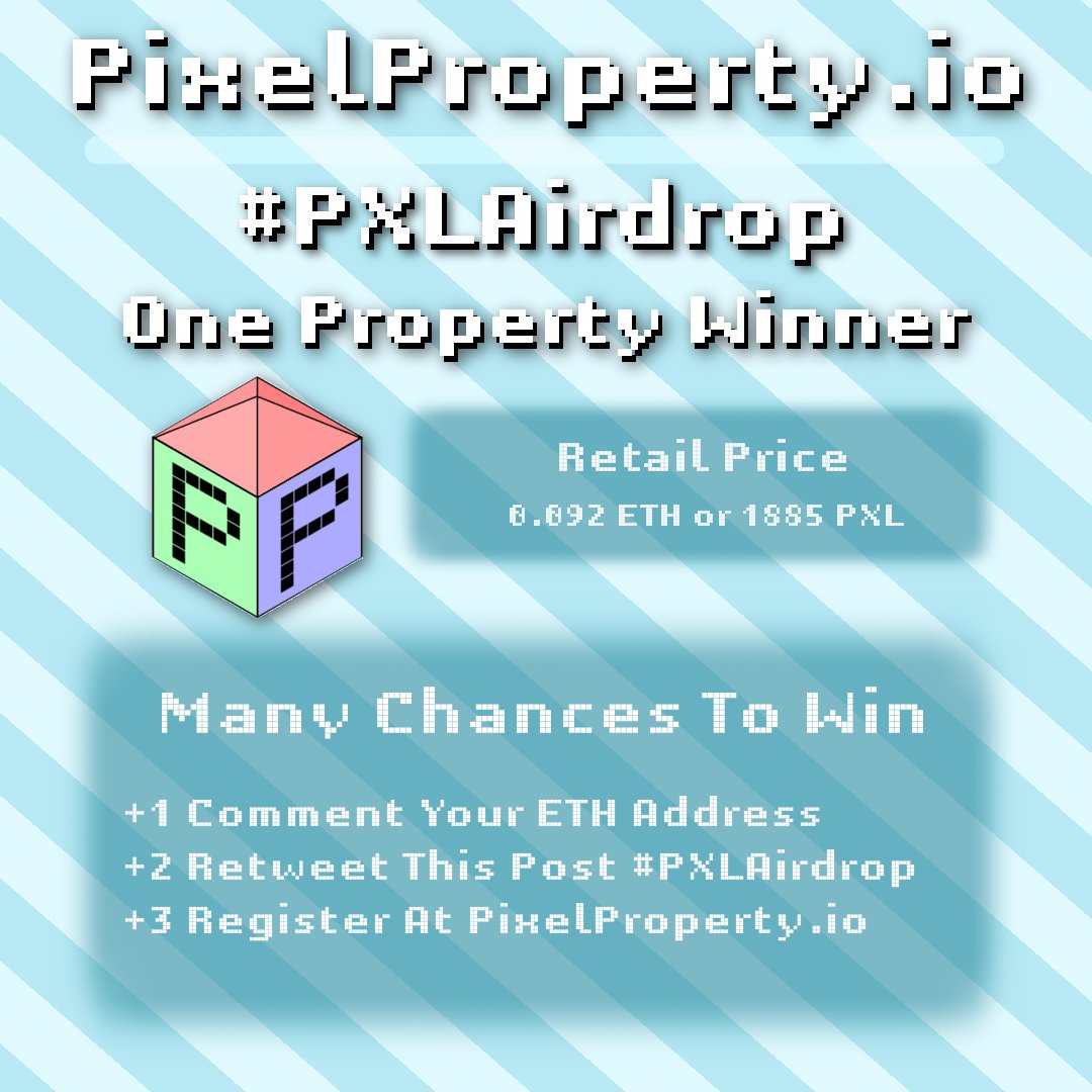 PixelPropertyio's tweet photo. On top of the 10k #PXL given away, one #cryptocollectable #Property is up for grabs too!

Each Property is currently worth 0.092 #ETH or 1885 PXL on the https://t.co/CrEtRnY6oo #market

Join our #crypto #airdrop today!

#cryptocurrency #airdropalerts https://t.co/MVau4HnBU4