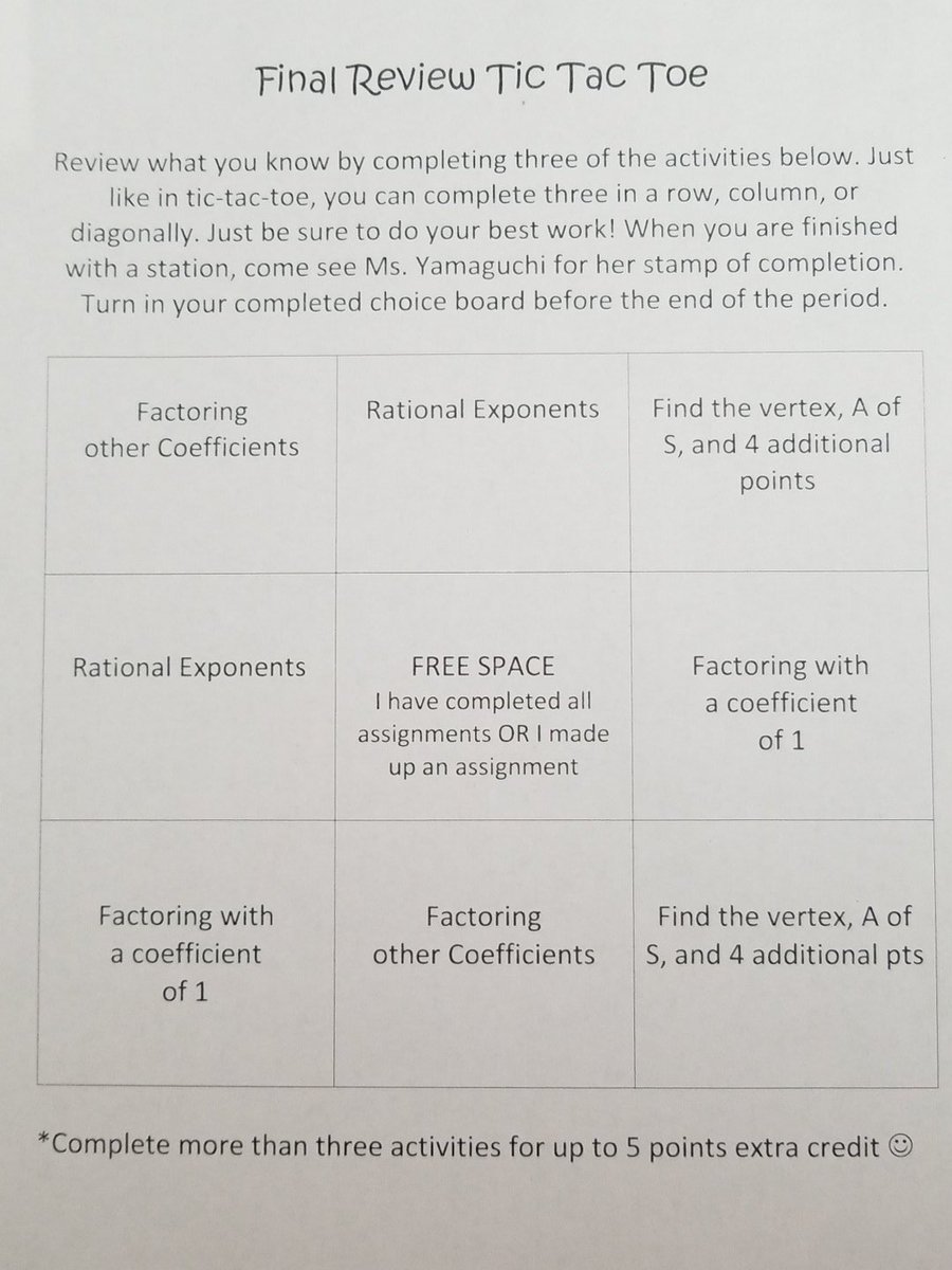 Ms_Yamaguchi330's tweet photo. Thanks to @TraciBellas for making the template to many tic-tac-toe boards to come. Second time using it! A little fun before exams! #teacher #studentsfirst #ncntsp https://t.co/49RhMzl8tH
