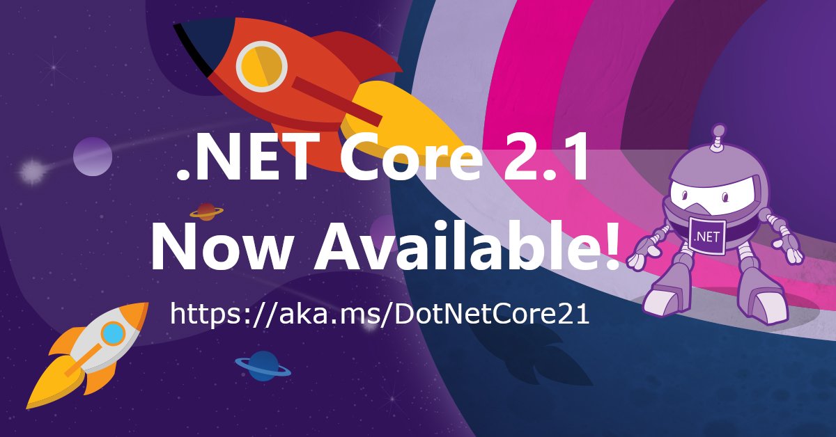 VisualStudio's tweet image. Sweet news from the #dotNET Team:
Just released... .NET Core 2.1, including improved support for real-time web communication w/ SignalR, web &amp;amp; data stacks, compatibility w/ .NET Framework, &amp;amp; tooling support in #VS2017 15.7. Learn more: aka.ms/dotnetcore21fe…