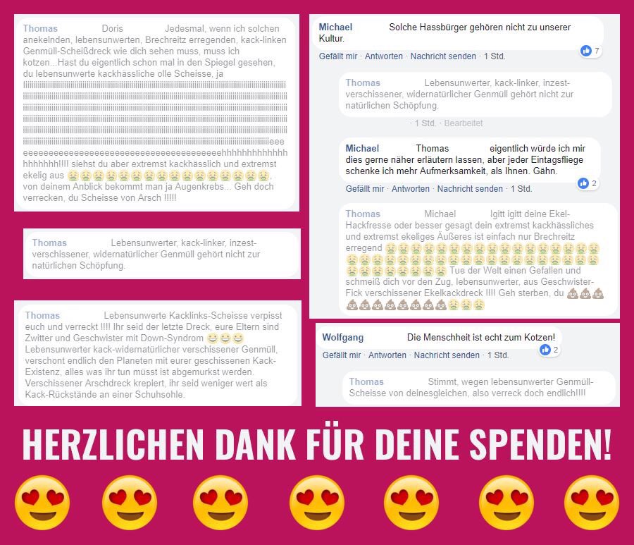 RechtsgegRechts's tweet photo. Herzlichen Dank, random Fakeprofil! <3 Du hast soeben auf unserer Seite fleißig für Flüchtlinge und die Aussteiger geschuftet. Auch wenn das hier jetzt keine Demo für eine nicht näher benannte Partei ist, gibt's trotzdem die 50€ Demogeld als Spende. #HassHilft https://t.co/7Z3kZDEYId