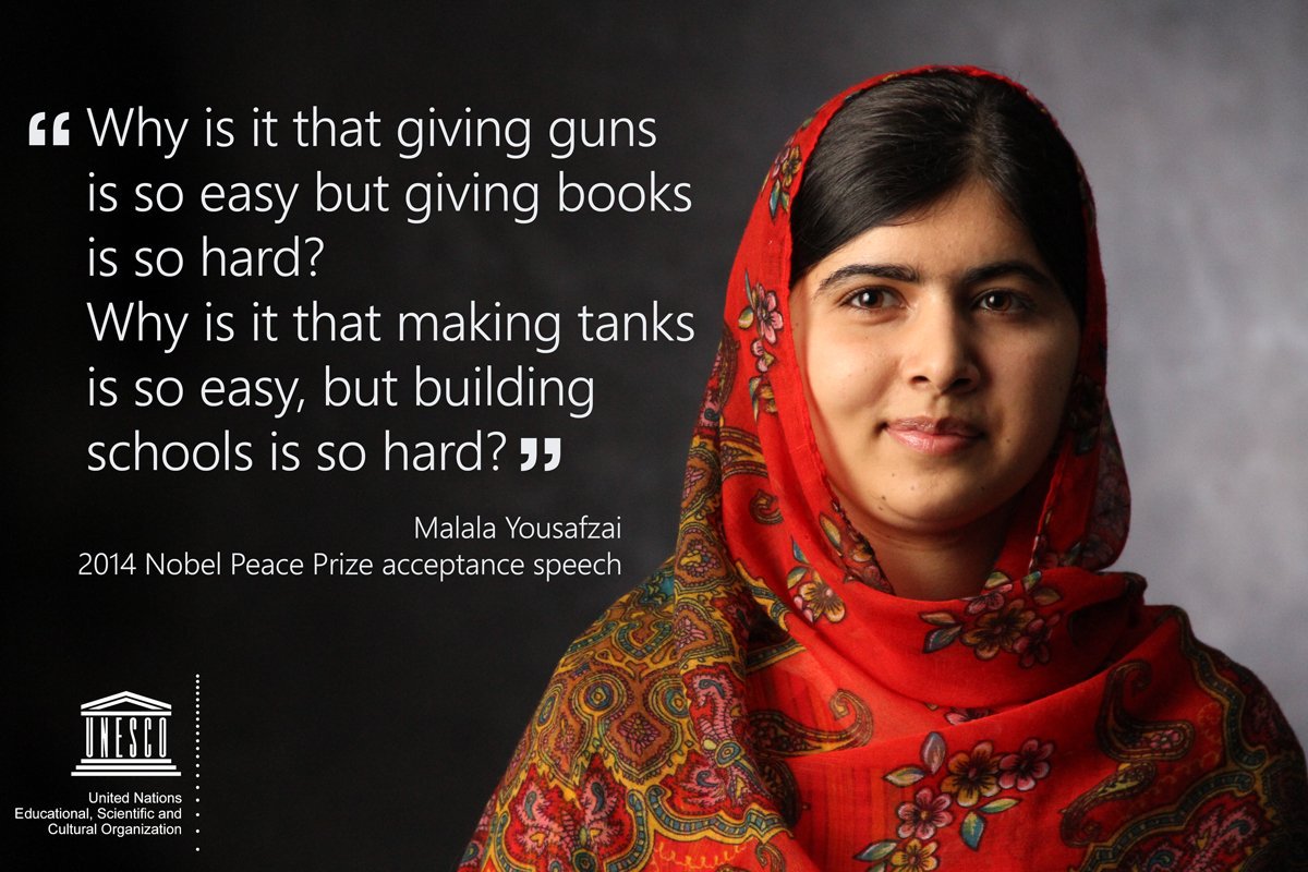 UNESCO ๐๏ธ #Education #Sciences #Culture ๐บ๐ณ (@unesco) on Twitter photo "Why is it that making tanks is so easy, but building schools is so hard?" - <a href="/Malala/">Malala Yousafzai</a>. 
โน๏ธ on.unesco.org/2kD6clB #WednesdayWisdom #Education "Why is it that making tanks is so easy, but building schools is so hard?" - <a href="/Malala/">Malala Yousafzai</a>. 
โน๏ธ on.unesco.org/2kD6clB #WednesdayWisdom #Education