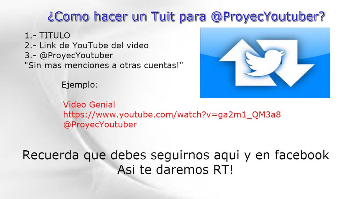 ProyecYoutuber's tweet photo. ATENCIÓN! Normas para los RT 1.- Síguenos en https://t.co/A44RtE7VX8 2.- Titulo 3.- Link de Youtube 4.- Solo: @ProyecYoutuber sin + cuentas https://t.co/HdYO7ayzKT