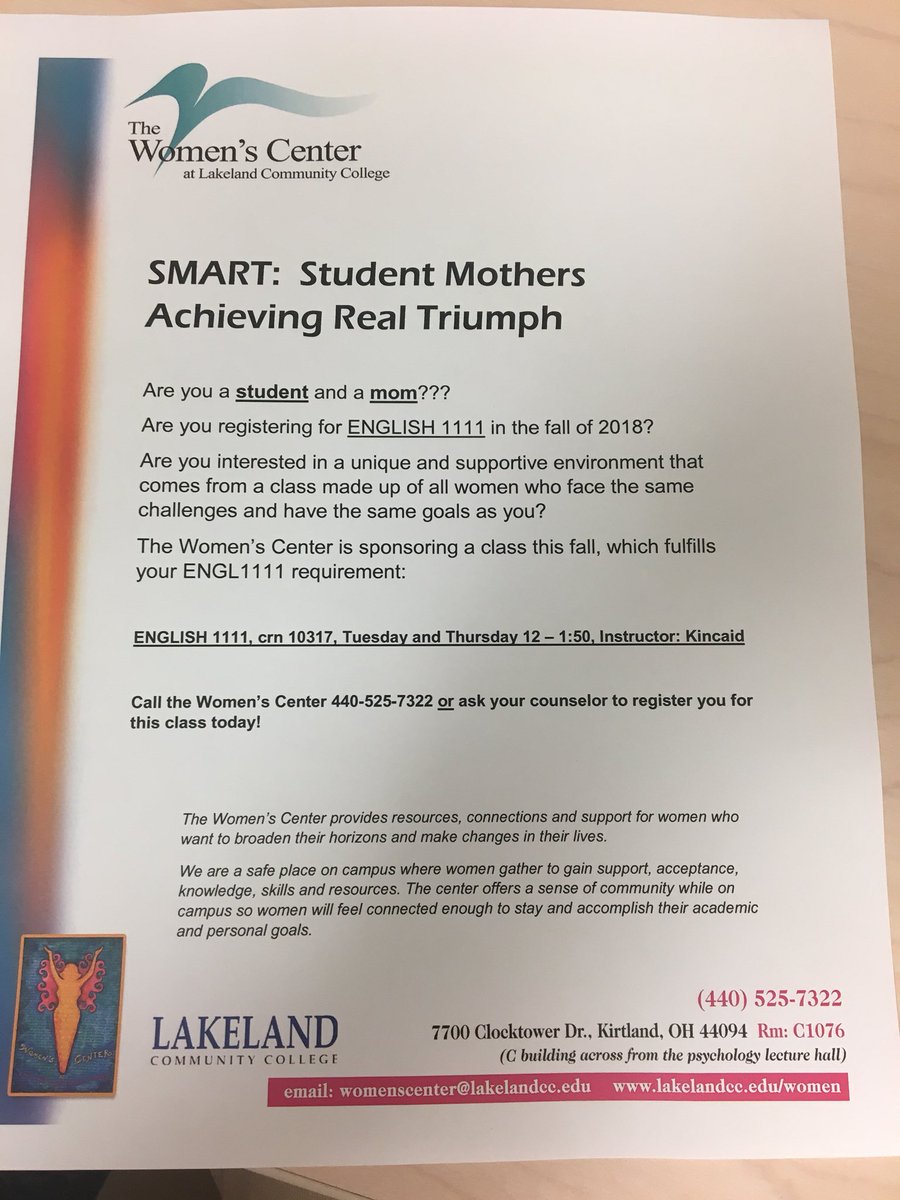 WomensCenterLCC's tweet photo. Are you a student at Lakeland and also a mom? Good news! The Women’s Center is currently recruiting for our upcoming SMART program. See the attached flier and stop by our office for more information. https://t.co/ziHKBF4oVW