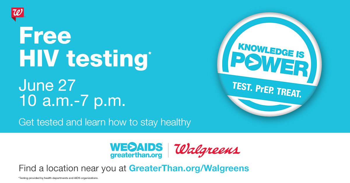 Walgreens's tweet photo. Be able to say #IGotTested. Join us at select stores for free #HIVTesting June 27th from 10am to 7pm. https://t.co/s2nvHSpE4w