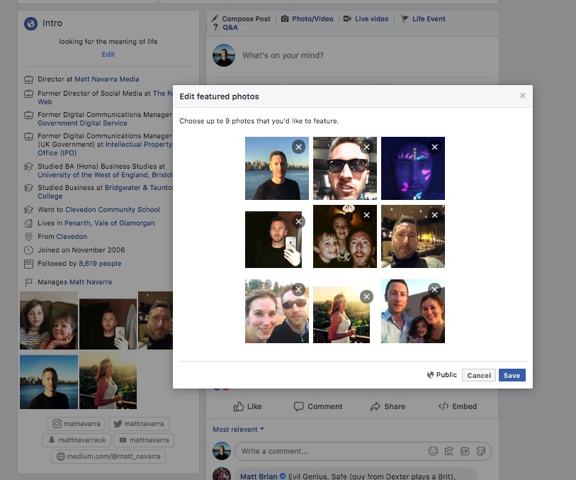 Matt Navarra New Facebook Lets You Add Up To 9 Featured Photos On Your Profile And Displays Them In The Side Panel Summary On Desktop Previously It Was Only Matt Navarra New Facebook Lets You Add Up To 9 Featured Photos On Your Profile And Displays Them In The Side Panel Summary On Desktop Previously It Was Only