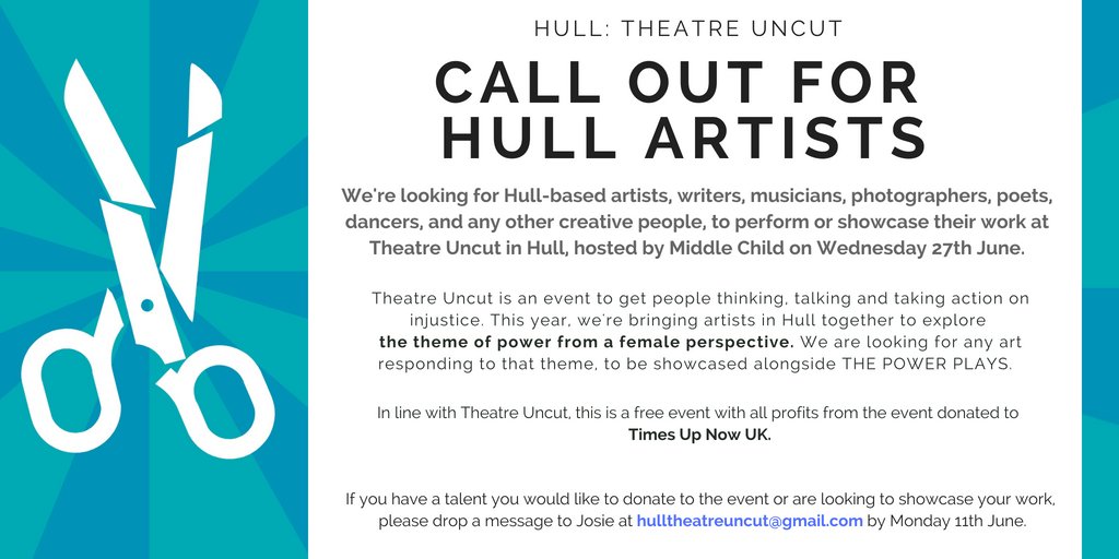 **WE ALSO WANT TO BRING TOGETHER ARTISTS OF HULL**


We're looking for artists of all disciplines to contribute to #TheatreUncut and get involved in the conversation. To showcase your work or donate some art, message hulltheatreuncut@gmail.com. 

Can't wait to hear from you!🌈