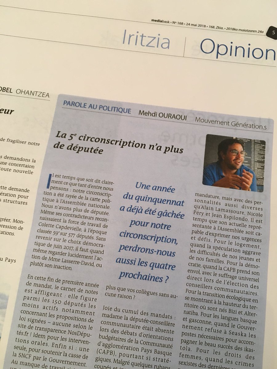 mehdiouraoui's tweet photo. « La 5e circonscription n’a plus de députée ! », tribune à lire dans @Mediabask. https://t.co/iKAEFVNpza