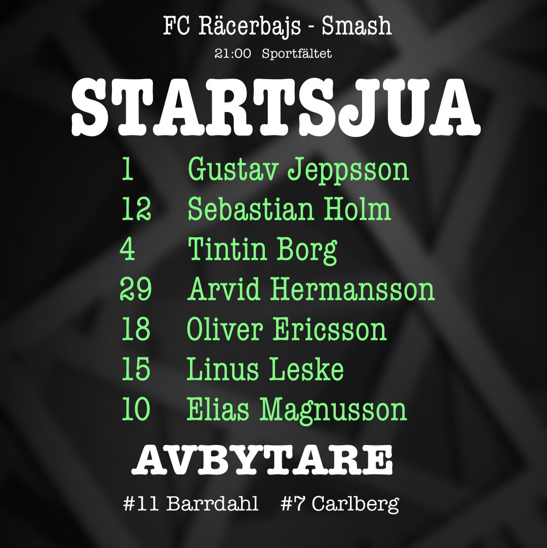 FcRacerbajs's tweet photo. Kvällens startsjua! 
21:00 Sportfältet Teleborg
#hållerpåbajsarna https://t.co/i5LfzxYxQ1