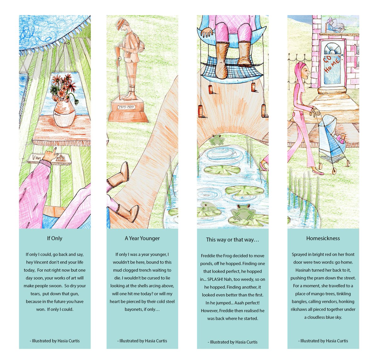 HasiaCurtis's tweet photo. My first tweet! Here are my bookmark entries for the Derby book festival. Sadly did not win, however here's the well-deserved winner: @richivens 
#Derby #derbyuni #derbybookfestival #illustration https://t.co/JfW3xFZoVQ