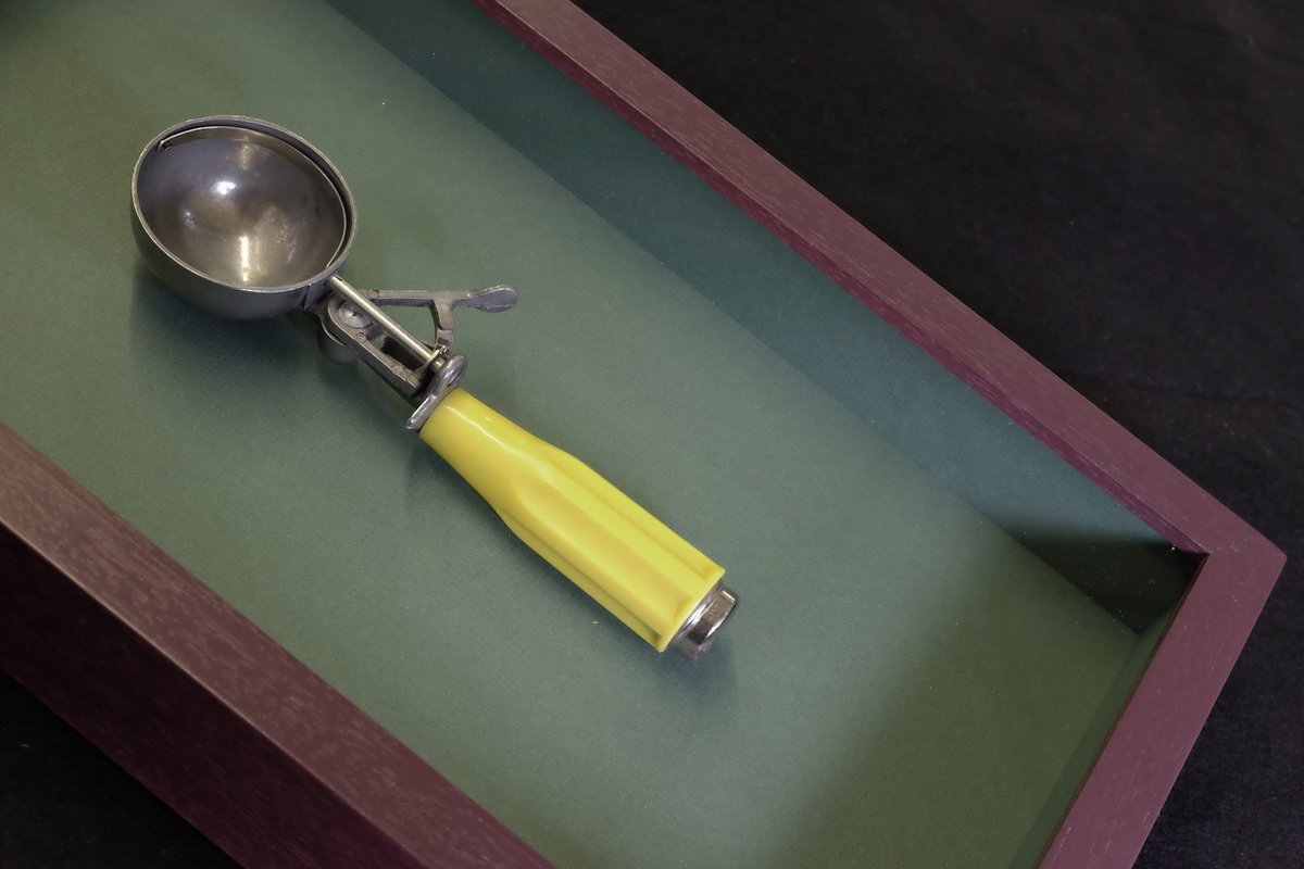 londonframing's tweet photo. Close up on fun #framing of an #icecreamscoop - mounted onto green mountboard with matching recessing spacers, low reflect #artglass and handpainted frame in @FarrowandBall Brinjal
What's the weirdest thing you've ever framed? #londonframing #objectframing https://t.co/Dk5McCTcuj