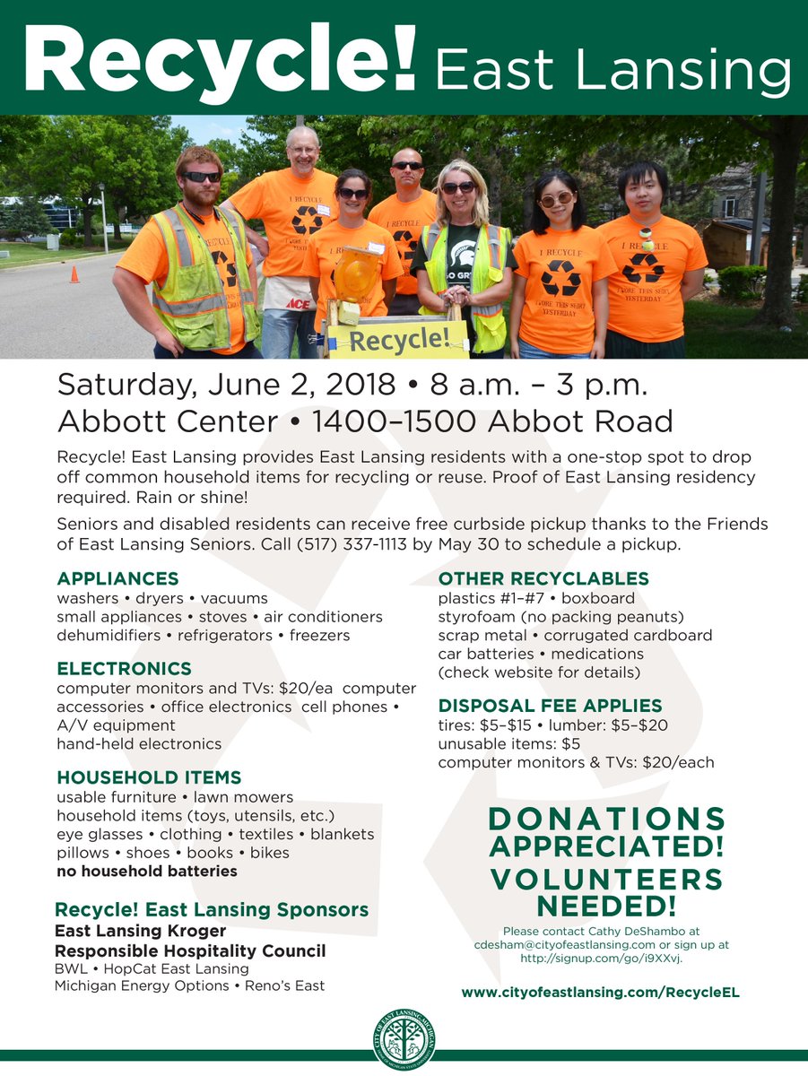 CityofEL's tweet photo. Recycle! East Lansing is this Saturday, June 2 from 8 a.m.-3 p.m. at the Abbott Center, 1400-1500 Abbot Road! #EastLansing residents can drop off a variety of household items for recycling, reuse or proper disposal: https://t.co/I7VWtVF6Vx. Rain or shine! ♻️ https://t.co/gyBg9lMCWH