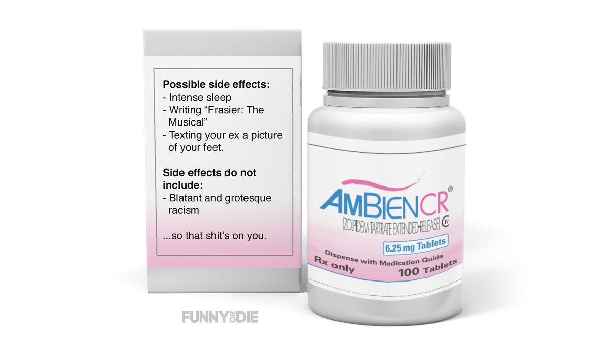funnyordie's tweet photo. Roseanne should've read the bottle before blaming racism on Ambien https://t.co/hLhAhc7YKt