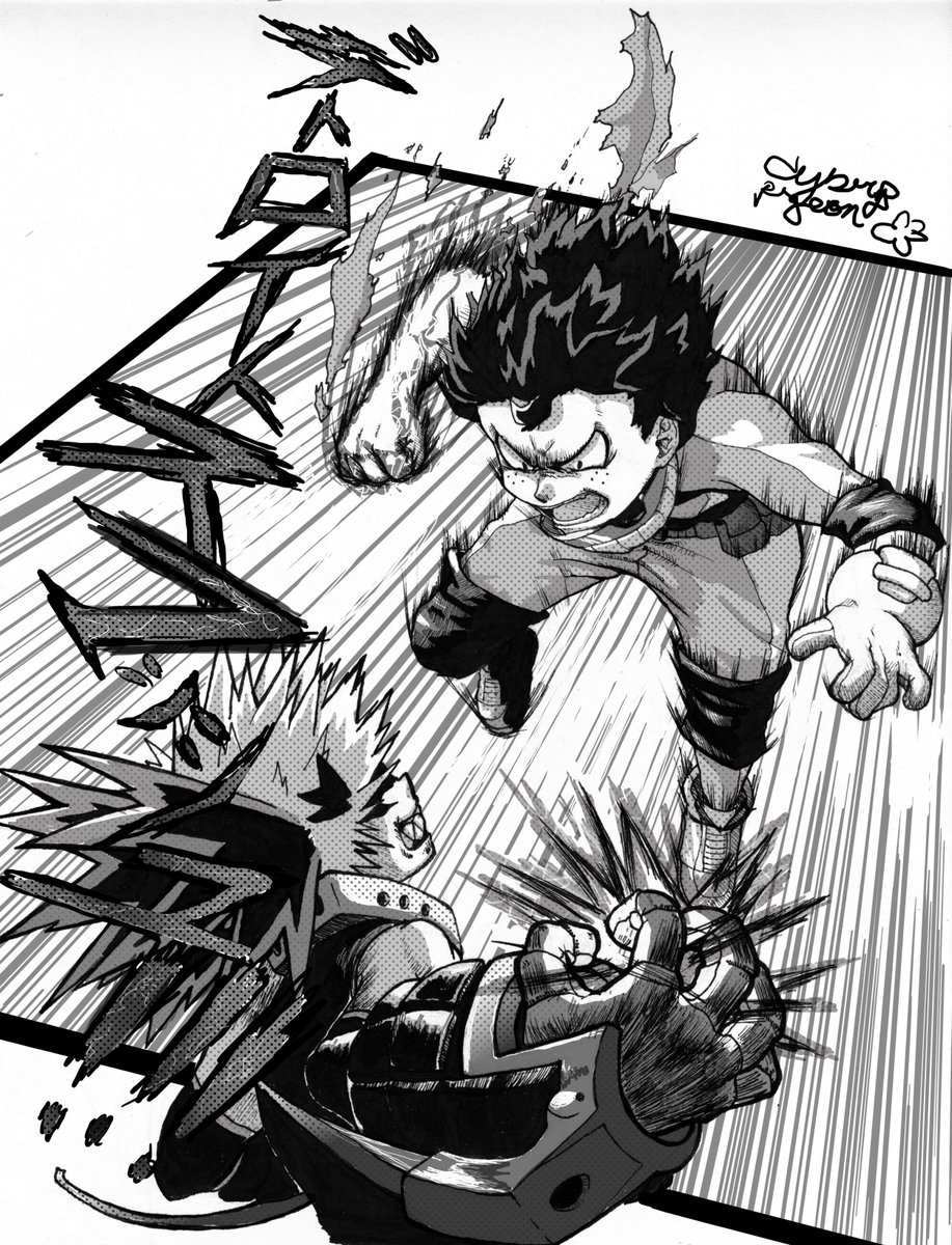 CyberpunkPigeon's tweet photo. Did #midoriya and #bakugou with real pen and paper for inking, the rest is digital. Would love to do screen tones without computers though. #MyHeroAcademia #BokuNoHeroAcademia #僕のヒーローアカデミア #fanart https://t.co/zb0roY42AN