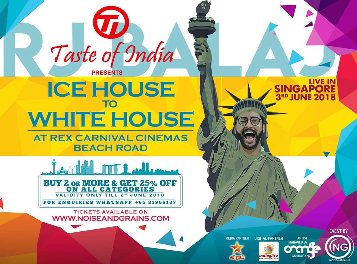 orangemediac's tweet photo. #RJBalaji #IceHouseToWhiteHouse show now at Singapore on June 3rd at #REXCarnivalCinemas Beach Road.

Last minute sale!! Buy more than 2 tickets to save 25% just a few tickets left to call it a houseful show. 
Get your tickets at : https://t.co/68GAffkJ0v
#OrangeMediaCorp https://t.co/IyUnzj5flt