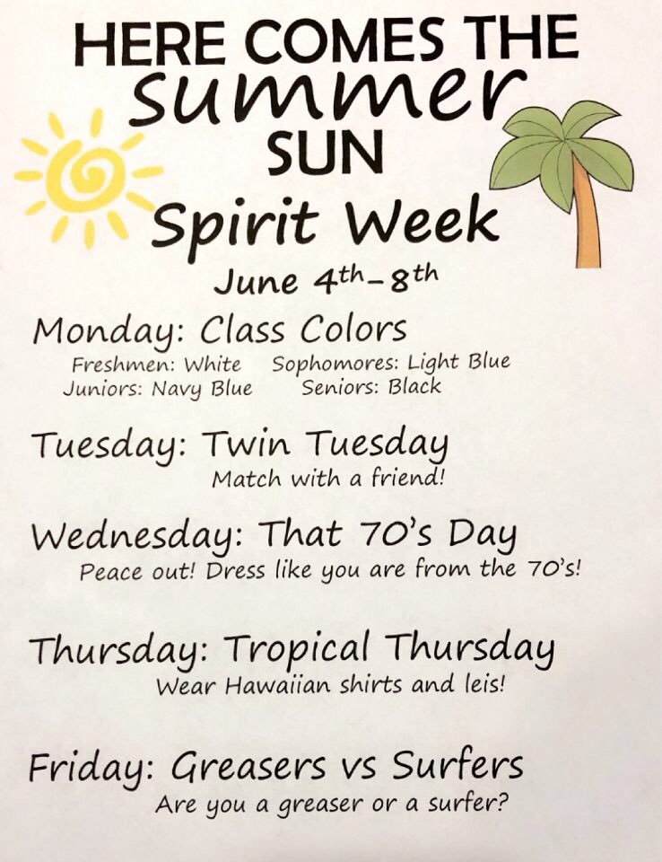 uchs2018's tweet photo. LAST spirit week you will EVER have in HIGH SCHOOL, ever. Class of 2018 better show up for this one. ☀️🌈🌴🌷👕👙🧢🏄🏽‍♂️🏵 https://t.co/qdiWXmAORA