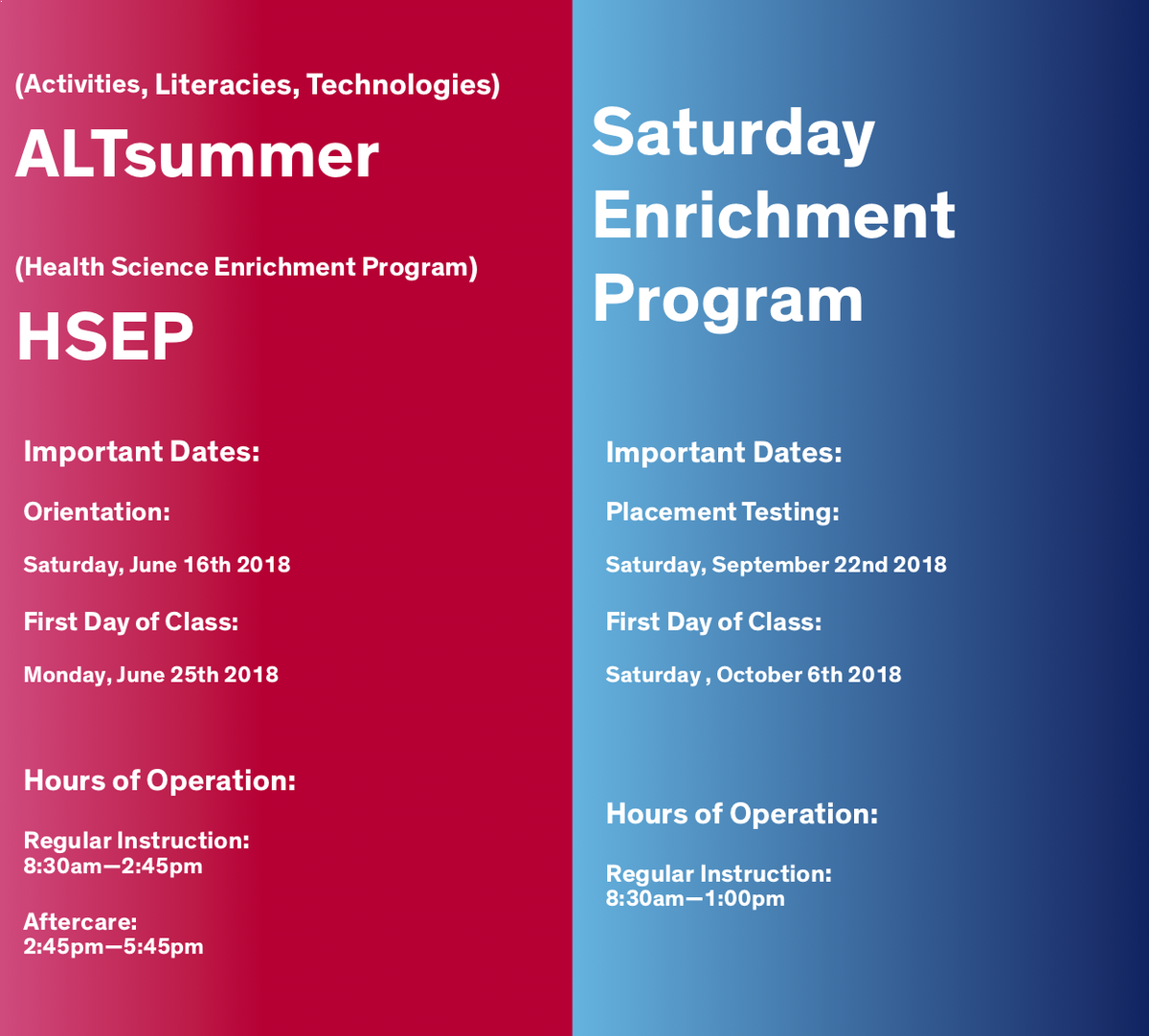 Hope everyone is having a great summer! Here are the ALTsummer 2018 and Saturday Enrichment Program 2018-2019 schedules.