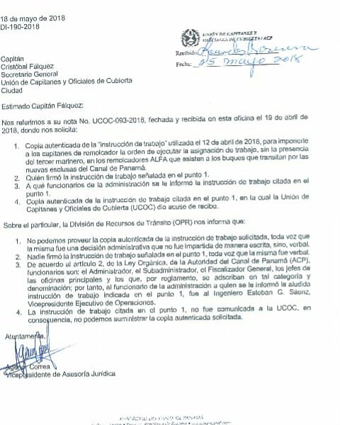 UCOCPTY's tweet photo. El @canaldepanama le mintió al país y aquí están las pruebas que los Capitanes presentaron hoy en conferencia de prensa:
ACP admité, a través de Asesoría Jurídica, que la Orden Legítima, Clara y Documentada jamás existió, nadie la firmó y que jamás se le envió a UCOC! #AcpMiente https://t.co/9saJ9zSo5y