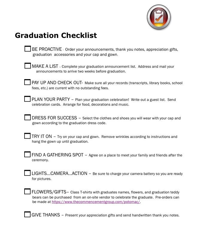 2018Potomac's tweet photo. GUESS WHAT TIME IT IS?? GRADUATION TIME! It’s never too late to make sure your checklist is good &amp; that your outfit follows the dress code! https://t.co/gAkZ2KdRqB