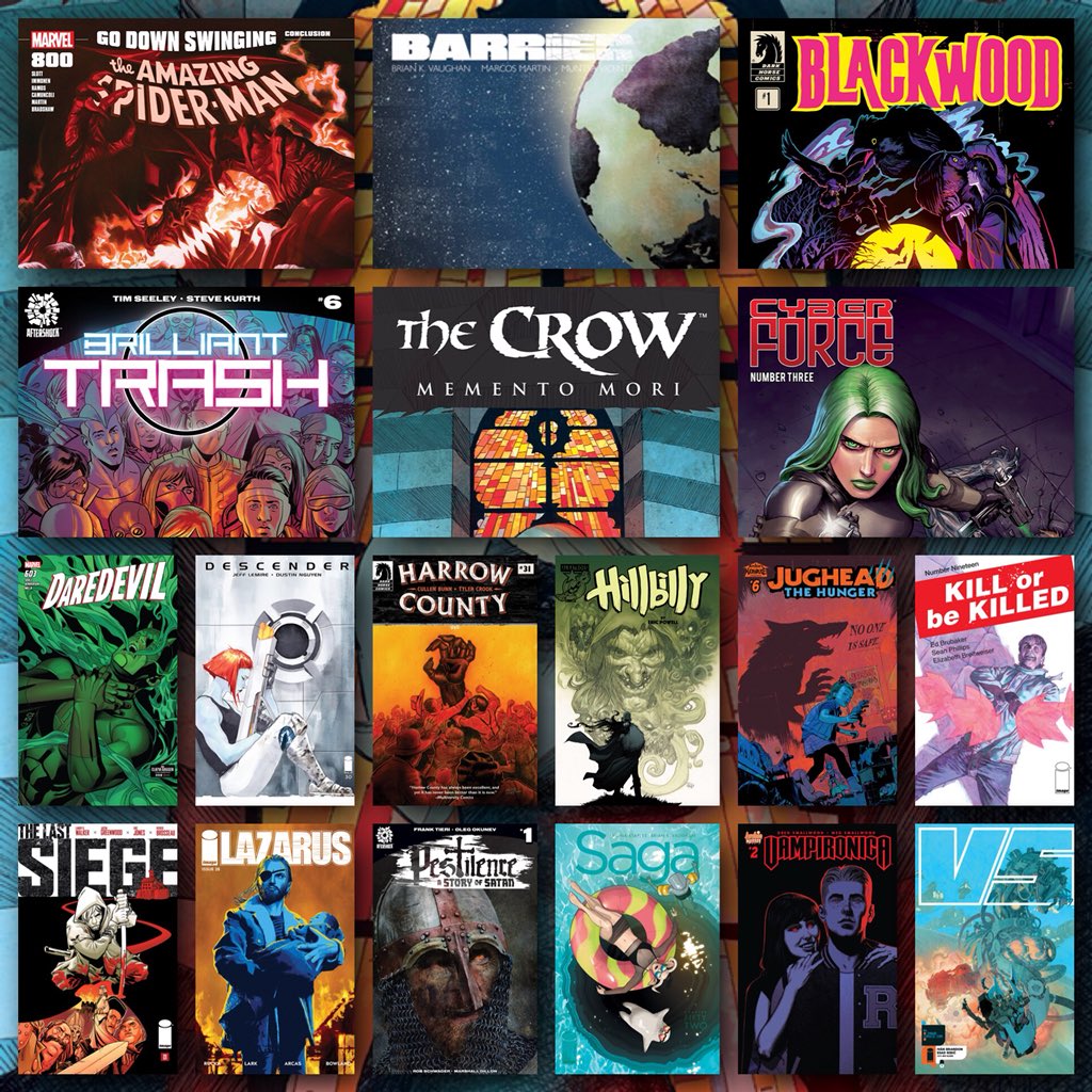 SunspotsComics's tweet photo. π€GOT 18 for #NCBD! @PopUpTee @Cryptidzoo Use PROMO CODE SUNSPOTSCOMICS GET 25% OFF! #spiderman #barrier #blackwood #brillianttrash #thecrow #dardevil #descender #harrowcounty #hillbilly #jughead #killorbekilled #cyberforce #lastsiege #lazarus #saga #pestilence #vampironica #vs https://t.co/Of0SWnV4Zk