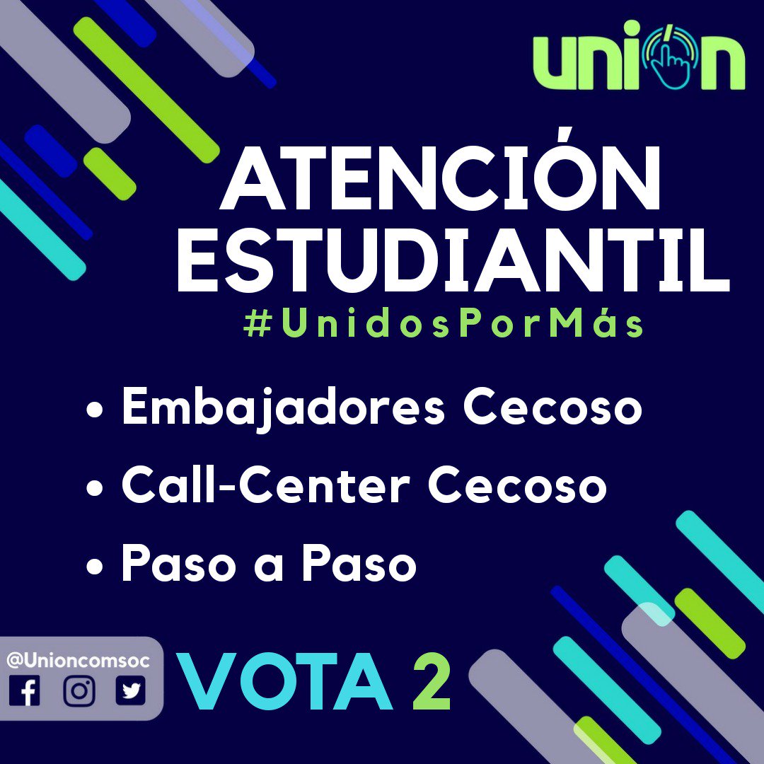 UnionComSoc's tweet photo. Atención estudiantil te brinda las siguientes propuestas: "Embajadores cecoso" "Call-Center Cecoso" y "Paso a Paso", para tener más información sobre ellas, pasate por nuestro toldo ubicado en modulo 6. #Vota2 #Uni2PorMás https://t.co/1FjXs9A3kW