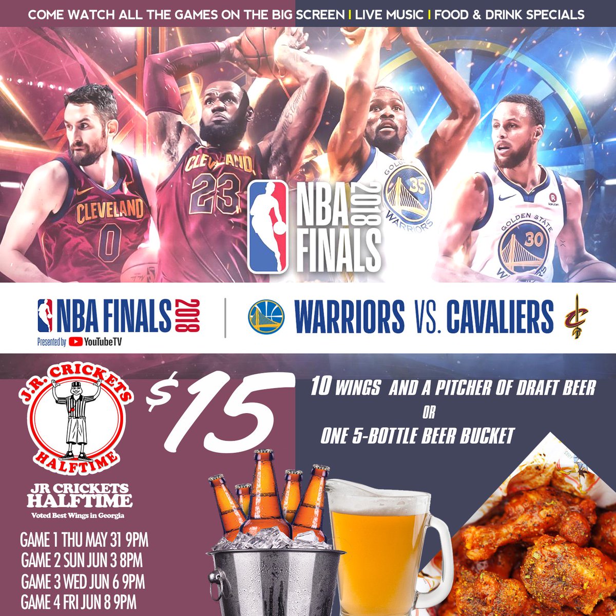 JRCHalftime's tweet photo. NBA actions is Fantastic when you are at Halftime!!! So come out and enjoy the Finals, food and drink specials! #youknowus #jrcricketshalftime #funfoodfamilysports #nbaplayoffs #nba #nbafinals #cavs #warriors https://t.co/t8tErhy5fO