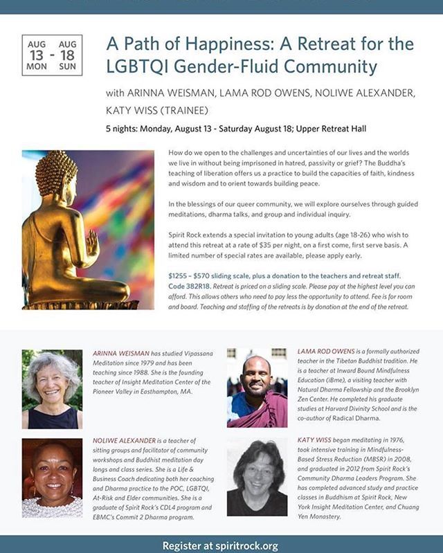 LamaRod1's tweet photo. Registration is OPEN! I'm so excited to be teaching on this wonderful team at Spirit Rock this year for the LGBTQI Gender-Fluid Community retreat. Register at https://t.co/q0Ftu8FZRf #queerdharma #lamarod #insightout https://t.co/RbtVXQivvi https://t.co/6nDmv1euhS