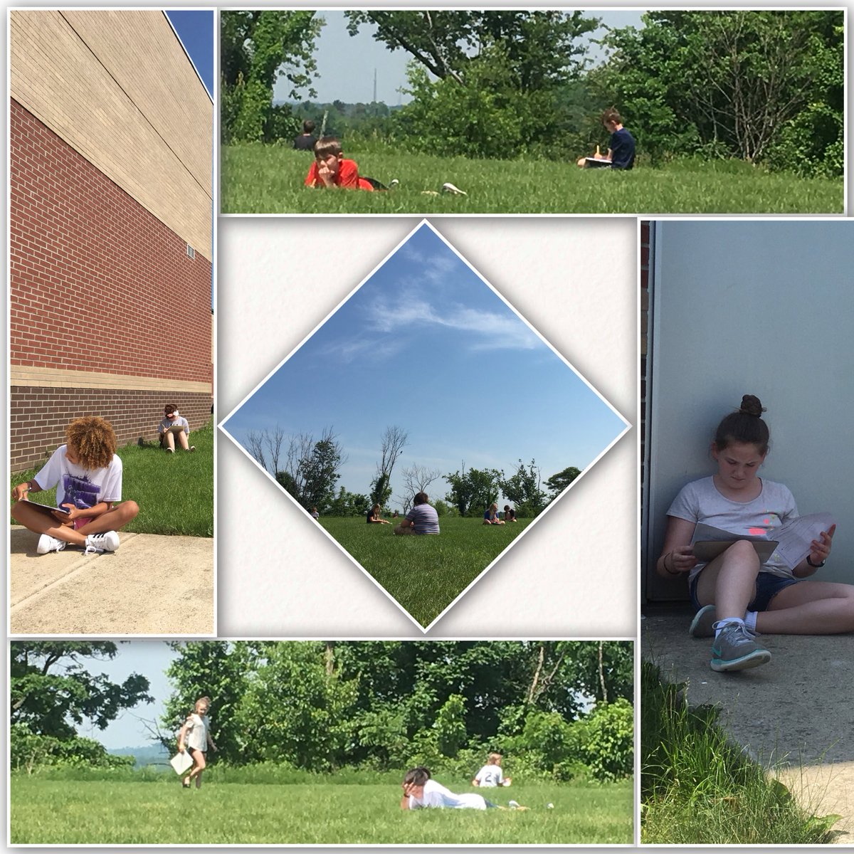 AndreaErbrecht's tweet photo. Fresh air, sunshine, writing poetry... life is good in 5th grade! @MrsFiscus5_6 @MrZnsis111 @TeamNSIS https://t.co/w5BoHPxigx