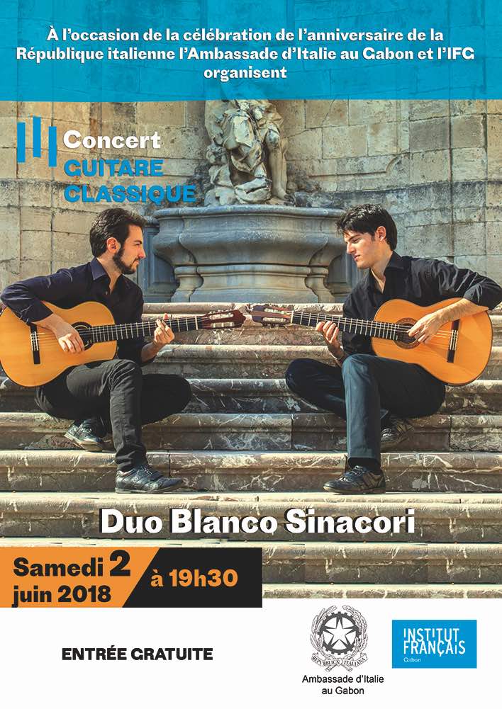 ItalyinGA's tweet photo. Concert de guitar classique organisé par l’Ambassade d’Italie au Gabon et l’IFG:
le duo formé par les guitaristes Alessandro Blanco et Giuseppe Sinacori fait son retour au Gabon!
Samedi 2 juin 2018 – 19h30

Entrée libre https://t.co/KoVpSRy6bI