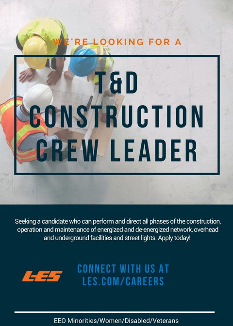 LESupdates's tweet image. Interested in a #careerinenergy? @LESupdates is hiring! We’re looking for a T&amp;amp;D Construction Crew Leader. Apply today by visiting les.com/careers.