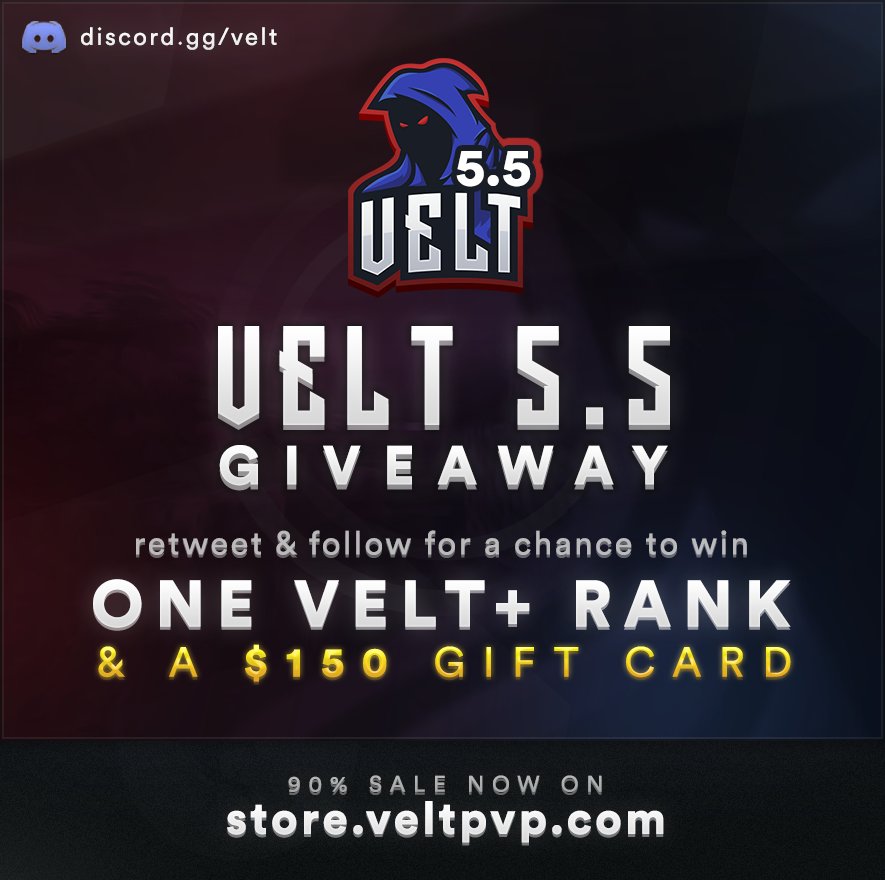VeltPvP's tweet image. VeltPvP 5.5 Week #5 Giveaway. 

Retweet &amp;amp; Follow us for a chance to win a Velt+ rank and a $150 Gift Card! 🌴

HCF Update:
 • 2 HCF servers will release this weekend rather than 4.
 • New crates will release on Saturday.

Week #5 Post 📰
veltpvp.com/forums/announc…