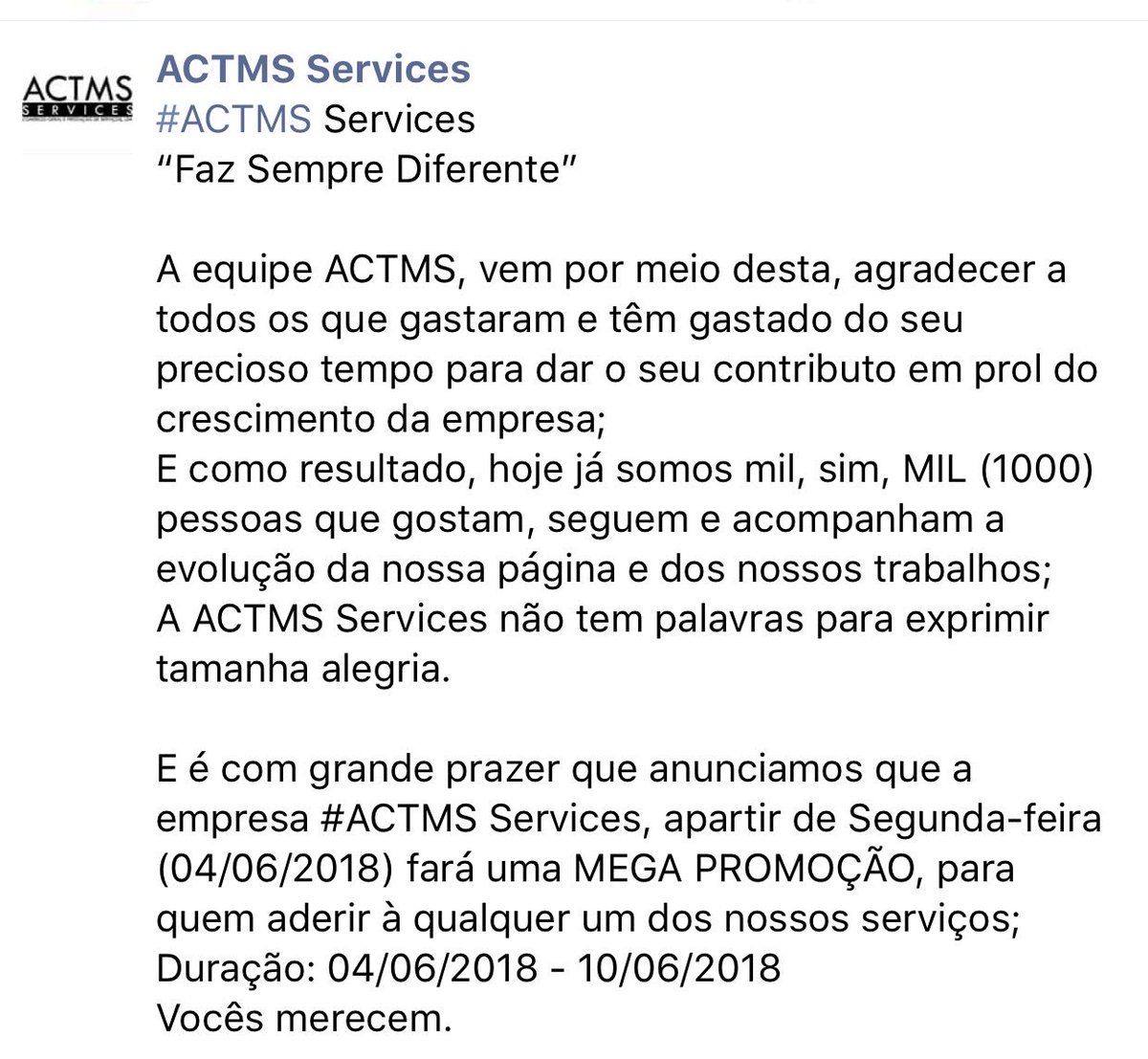 ActmsServices's tweet photo. A #ACTMS Services agradece imenso à todos... https://t.co/i9bqjVSN9I