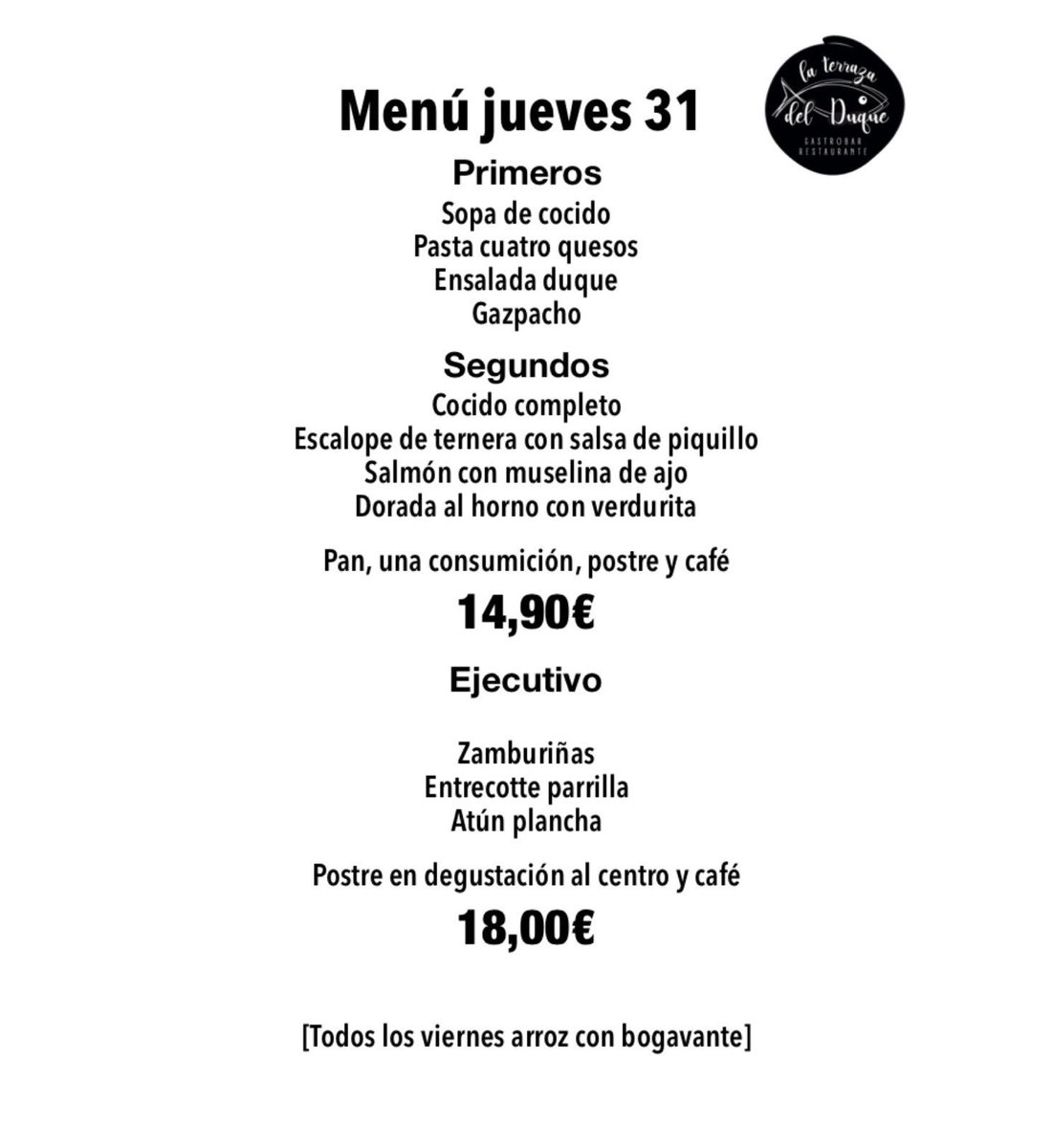 TerrazadelDuque's tweet photo. MENÚ DÍA 31
La Terraza del Duque #laterrazadelduque
C/ Libertad, 1 #Valdemoro (Madrid)
Tel. 918 93 96 34 https://t.co/oyG8rZXf3L
