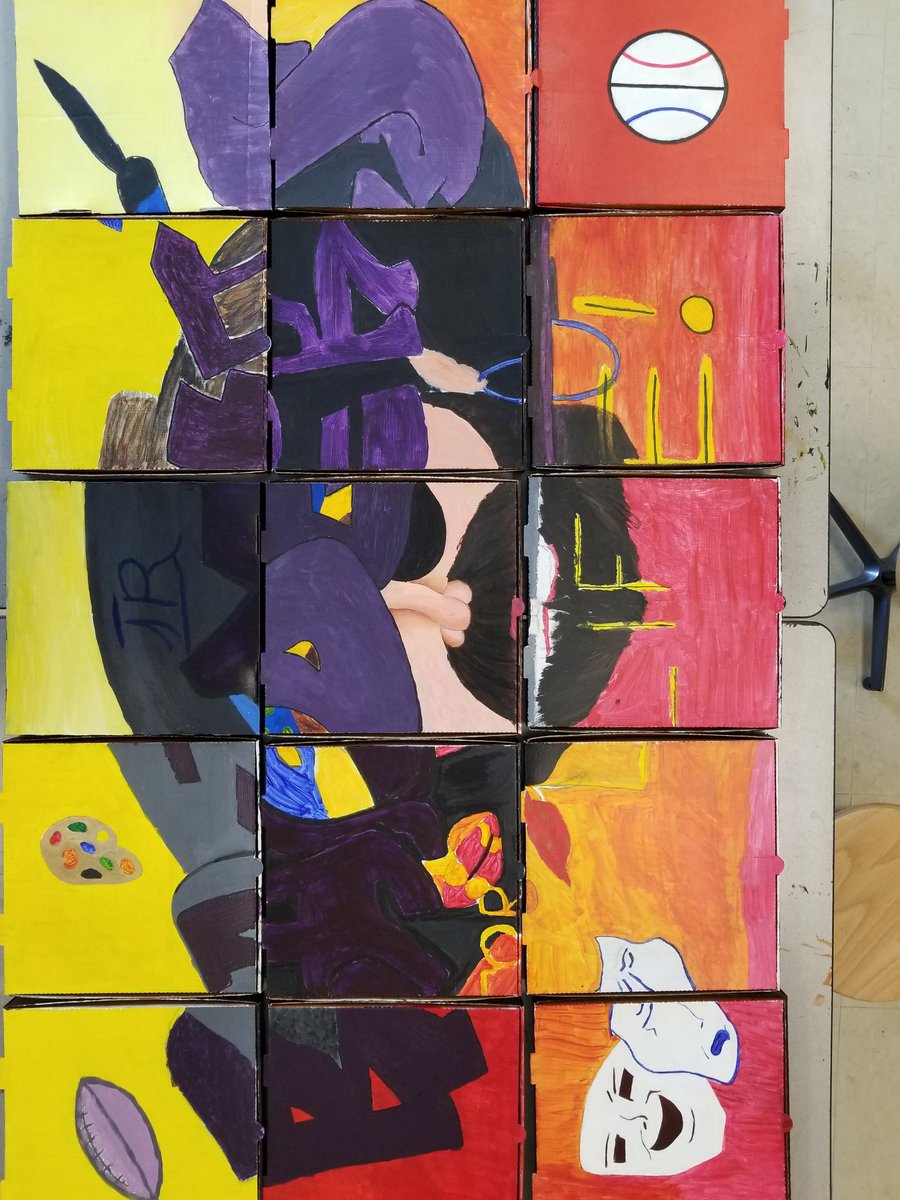 RHSEncoreArt's tweet photo. The Art III Ss finished  the collaborative murals on the last day, I assembled the murals and took photographs. ❤ how hard the Ss worked, collaborating w/ each other on scale, color, and proportions, each is uniquely individual but somehow part of the cohesive whole. #ReynProud https://t.co/aSMKiXjLLZ