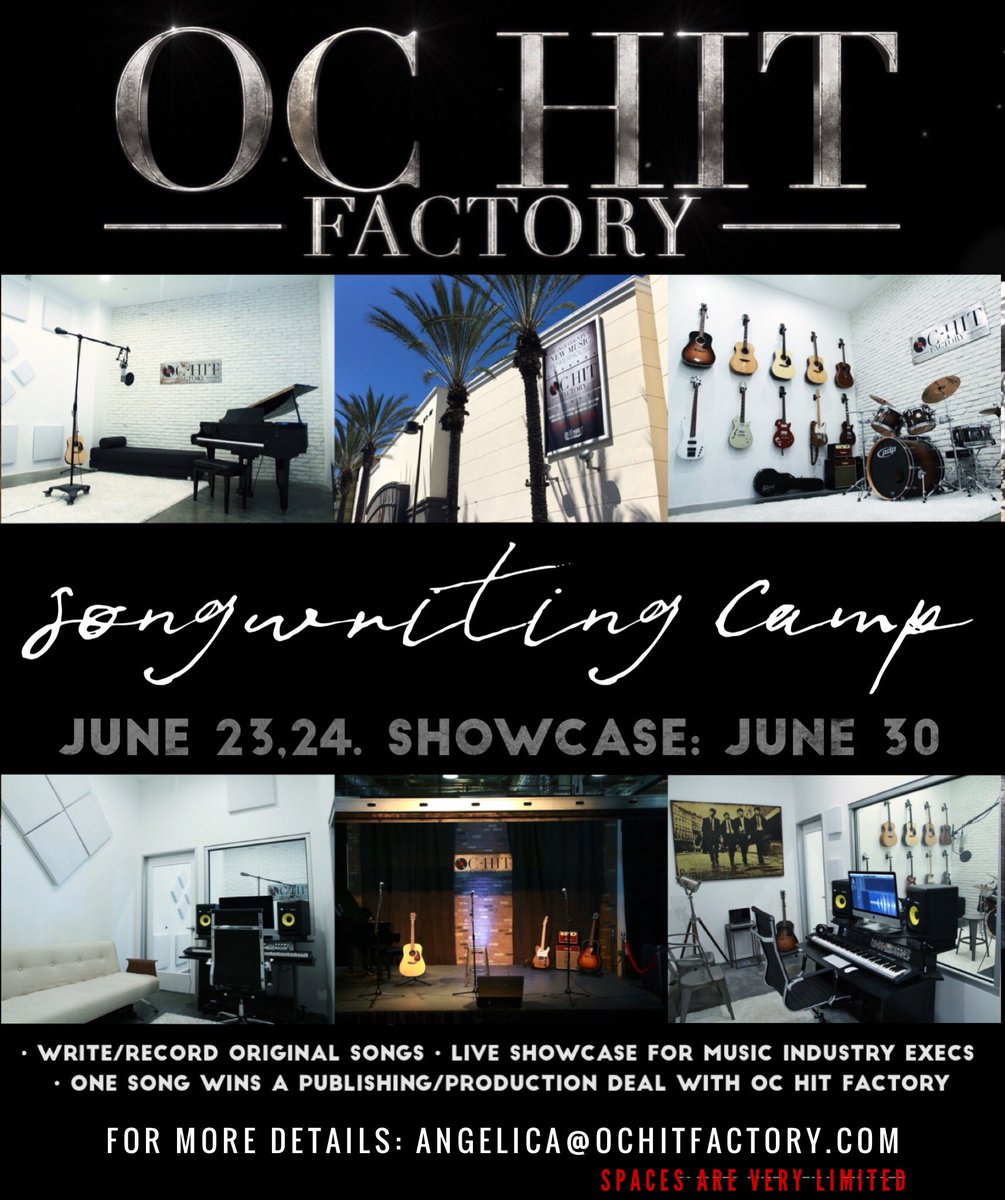 ochitofficial's tweet photo. OC Hit Factory's next songwriting camp will be coming soon on June 23-24.  The live showcase will be June 30.  Write, record, and perform original songs at our state of the art, recording studios with hit producers/songwriters and showcase in front of music industry executives. https://t.co/zFLbq4nXvS